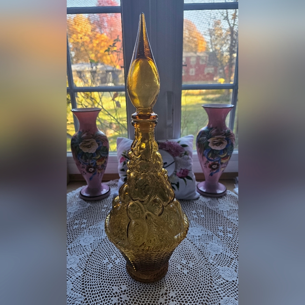 Mid Century Empoli Italian Amber Glass Fruit Basket Genie Bottle